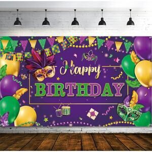 Mardi Gras Themed Happy Birthday Backdrop – Purple & Gold Party Decoration